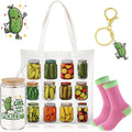 Paterr 4 Pcs Pickle Gifts for Women Pickle Themed Gift for Mother's Day Birthday Party Decorations, with Canvas Tote Bag 16oz Glass Coffee Cup with Straw Socks Cute Keychain