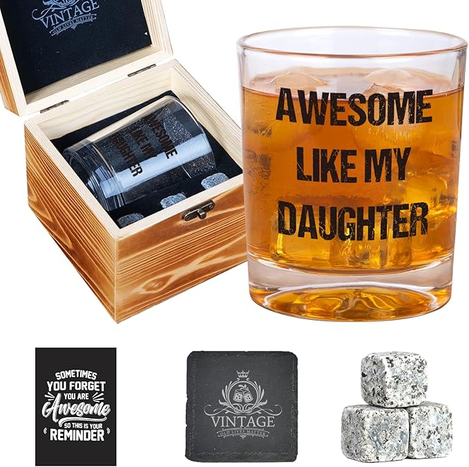 Ithmahco Awesome Like My Daughter Whiskey Glass - Funny Girl Dad Gifts, Funny Whiskey Glass White Elephant Gifts for Dad from Daughter, New Girl Dads Christmas Bourbon Glass Gag Gift