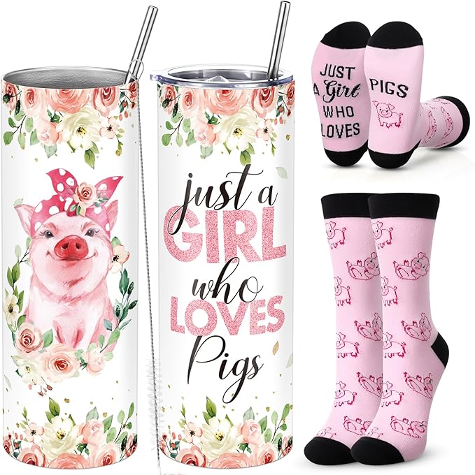 Funnymoom 2 Pack Cute Pig Gifts Set Skinny Tumbler 20 oz Travel Coffee Mug Novelty Cute Animals Socks, Christmas Birthday Party Gifts for Little Pig Themed
