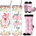 Funnymoom 2 Pack Cute Pig Gifts Set Skinny Tumbler 20 oz Travel Coffee Mug Novelty Cute Animals Socks, Christmas Birthday Party Gifts for Little Pig Themed