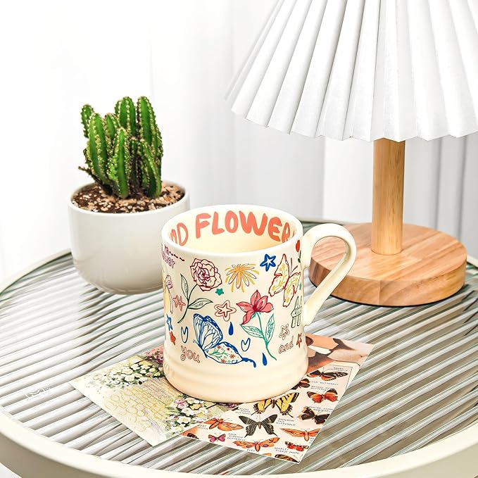 Flower Mug, Butterfly Gifts for Women, Funny Aesthetic Ceramic Cup for Cappuccino Espresso Tea Milk Juice, Cute Coffee Mug for Christmas Holiday Party, Dishwasher Safe