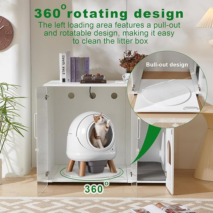 Cat Litter Box Enclosure - Dog Proof Cat Litter Box with Pull-Out, Rotating Features, Includes Power Outlet and Acrylic Wave-Patterned Door Panels with Lock,Elegant White
