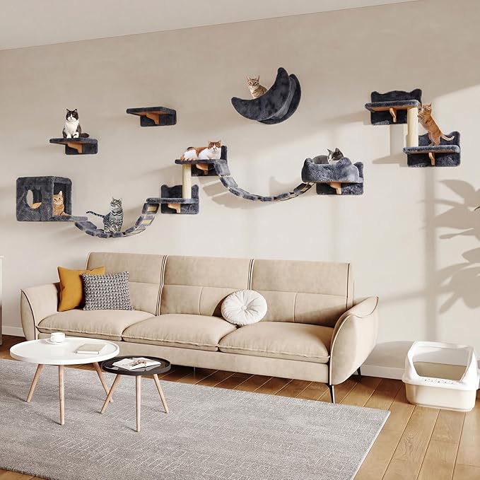 Cat Wall Shelves, Wall Mounted Cat Shelf Furniture with Plush Fabric(13 Piece Set), Cats Furniture with Moon Hammock, Condos, House, Steps, Bridge Ladder, Scratching Post, Grey