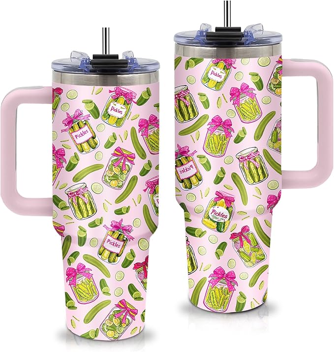 Pickle Gifts - Funny Pickle Themed Tumbler 40oz with Handle and Straws, Leak-proof, Stainless Steel Insulated Travel Coffee Mugs for Pickles Lovers, Pickled Food Enthusiasts Gifts Birthday Cup