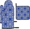 Chinoiserie Blue and White Floral Oven Mitts and Pot Holders Sets of 3, Heat Resistant Non-Slip Boho Kitchen Gloves for Baking Cooking Grilling, Navy Blue Hot Pads for Kitchen Decor, Gifts for Women
