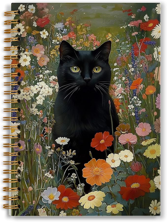 Vintage Moody Floral Black Cat Notebook, Cottagecore Wildflower Black Kitty Journal for Writing, Witchy Cat Office Supplies, Spiral Notebook 5.5x8.3 Inch