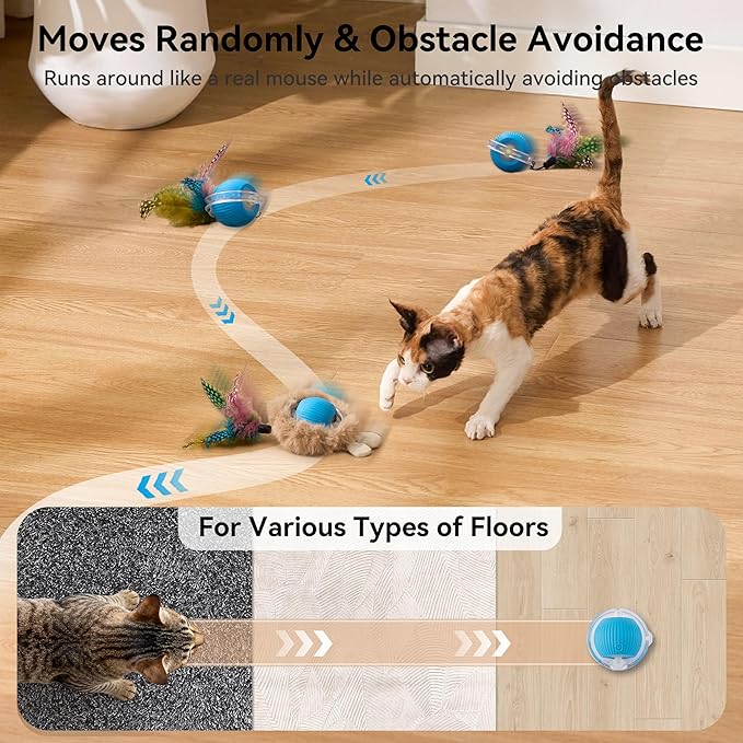 Interactive Cat Toy Ball, Hide and Seek Cat Toys in Play Mat, Moving Rolling Kitten Toys for Indoor Bored Cats, Motion Activated Rechargeable Kitty Toys with 3 Tails/LED Light/Bird Chirping