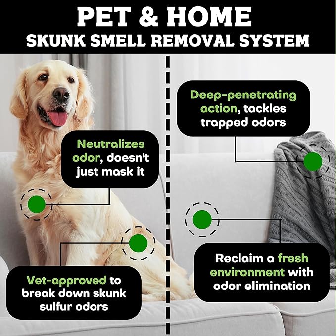 Pets Skunk Odor Remover System w/Activated Charcoal | Ultimate Dual-Action System for Dogs & Cats | Skunk Shampoo & Spray Smell Eliminator | Vet-Approved Cleansing for Dogs, Cats & Home