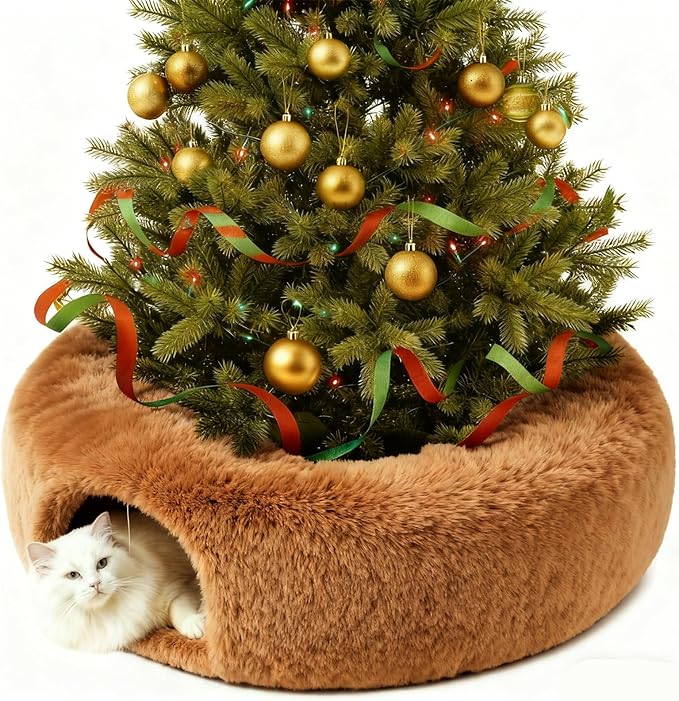 Cat Tunnel Christmas Tree Skirt， Cat Bed Under The Xmas Tree, Soft Plush Kitty Tunnel Bed with Washable Cushion, Two-Entry Peekaboo Round Christmas Cats Donut for Kitten Puppy Rabbit Ferret (Brown)