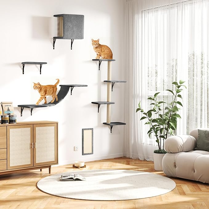 COZIWOW 5-Piece Cat Tree Set with Wall Mounted Cat Shelves, Cat Scratching Post & Cat Wall Furniture, Multi-Functional Indoor Cat Jungle Gym, Essential for Cat Room, Suitable for Large Cats(Grey)