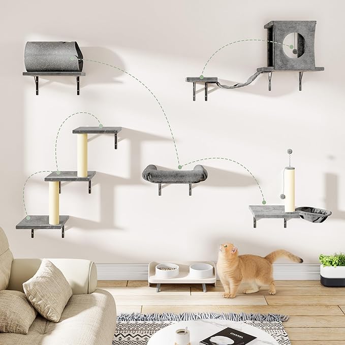 Cat Wall Shelves, 7-in-1 Wall Mounted Cat Climber Set, Indoor Cat Furniture – Includes House, Tunnel, Bridge, Steps, Scratcher, Hammock, Shelves, Gray