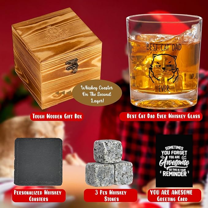 Ithmahco Cat Dad Gifts for Men, Cat Lover Gifts for Men, Funny Whiskey Set for Cats Lovers Man Christmas Birthday, Christmas Cats Themed Whiskey Gift for Man