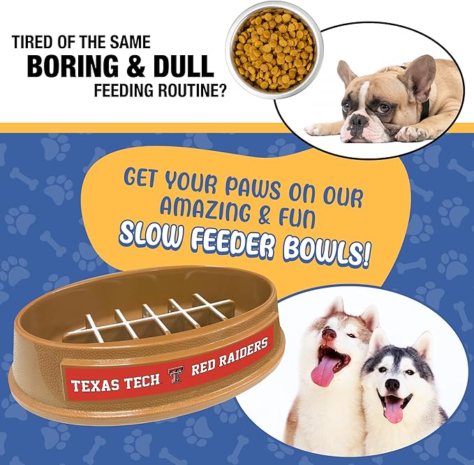 NCAA Super-Bowl - Texas TECH RED Raiders Slow Feeder Dog Bowl. Football Design Slow Feeding Cat Bowl for Healthy Digestion. Non-Slip Pet Bowl for Large & Small Dogs & Cats