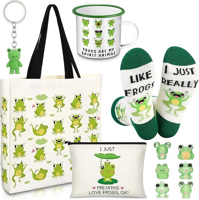 Frog Lover Gifts for Women Birthday Gifts Baskets Set Include Canvas Tote Bag, Makeup Bag, Socks, Keychain, Enamel Mug, Small Figurines for Mom, Wife, Sister, Friend