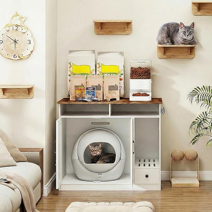 YUSING Large/Tall Cat Litter Enclosure, Litter Box Furniture Hidden, Cat Litter Box Enclosure Cabinet Large with Storage and Pull-Out Drawer for Self-Cleaning Litter Boxes