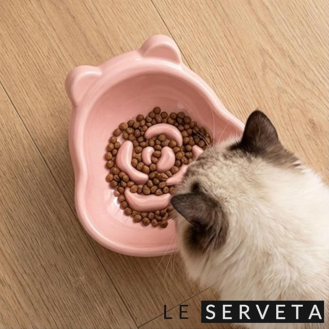 Winnie The Pooh Series Ceramic Slow Feeder Cat Bowl, Raised Anti-Gulping Design with Bear Ears, Pastel Colors, Quilted Pattern Base (Pink)