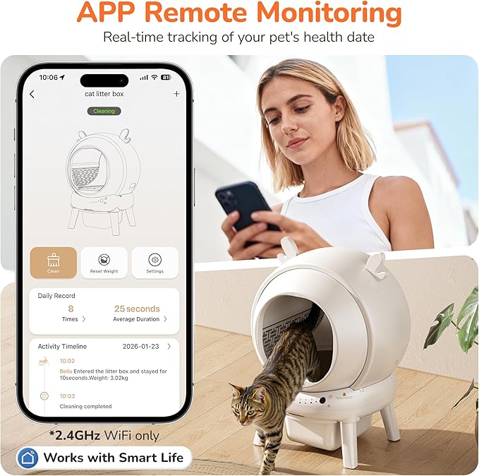 Automatic Self Cleaning Litter Box, Cat Litter Box with APP Control, 65L Globe & Dual Safety Sensors, Robot Litter Box, 1 Roll Garbage Bags and Litter Mat, <35DB, White