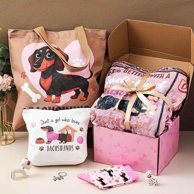 Paterr 6 Pcs Dachshund Lover Gifts for Women, Weiner Dog Gifts Canvas Tote Bag Makeup Bag Print Blanket Socks 16oz Glass Coffee Cup with Straw Cute Keychain for Mother's Day Birthday Girls Daughters