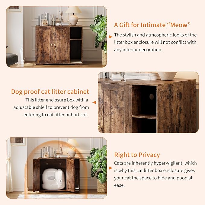Garvee Dog-Proof Large Cat Litter Box Enclosure with Scratch Pad, Large Automatic Litter Box Furniture for Placing Self-Cleaning Litter Box,Litter Cabinet with Outlet,Space for Cat Stuffs