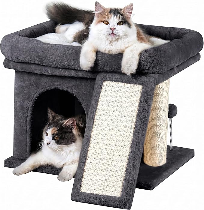 Aechonow Cat Tree for Indoor Large Cats, 14 Inch Cat Tower with 20x16.5 Inch Large Perch Bed, Cat Climbing Tree with Sisal Scratching Post for Adult Senior Cats, Removable Washable Mat, Dark Gray