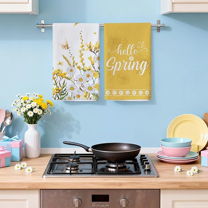 Hexagram Spring Kitchen Towels Sets of 2,Yellow Flower Hand Towels for Bathroom 18x28 Inch, Spring Farmhouse Home Decorations