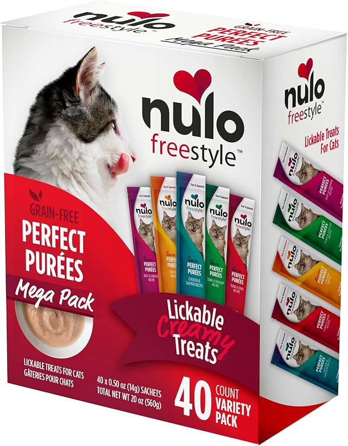 Nulo Freestyle Lickable Cat Treats - Perfect Purées Variety Pack, Squeezable Grain-Free Wet Cat Food Topper, High Moisture for Hydration, 40 x 0.5oz