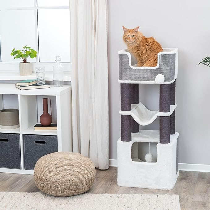 Trixie Lucano XXL Cat Tree, 43.3 -in Cat Tower with 8 Jute Scratching Posts, Hammock & Plush & Sisal Covered Condo, Sturdy Base, Interactive Pom-Poms, Indoor Furniture for Climbing & Relaxation, Gray