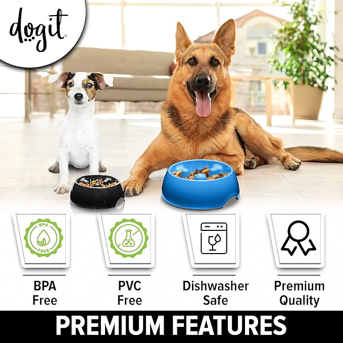 Dogit Dog Bowl Slow Feeder for Wet or Dry Dog Food, Go Slow Anti-Gulping Dog Dish, Blue, M