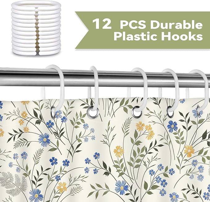 Country Wildflower Cute Shower Curtain,Blue and Yellow Floral Green Leaf Plant Spring Summer Botanical Plant Pattern, Waterproof Polyester Washable Bath Curtains with 12 Hooks,72 x 72 Inches
