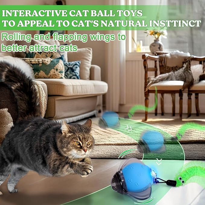 BABORUI Interactive Cat Toy Ball - Automatic Interactive Cat Toys for Indoor Cats with 2 Tails, 3 Speeds Rechargeable Cat Enrichment Toys for Small/Medium/Large Cats to Keep Them Busy