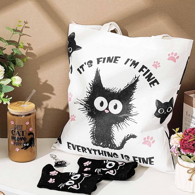 Paterr 4 Pcs Black Cat Gifts for Women Black Cat Lover Gift for Mother's Day Birthday Decorations, with Canvas Tote Bag 16oz Glass Coffee Cup with Straw Socks Cute Keychain