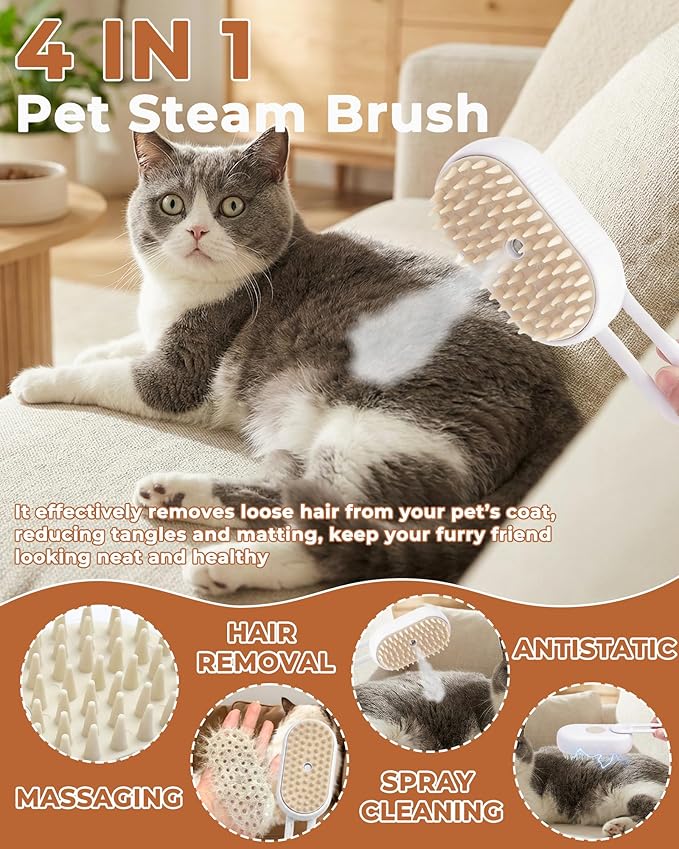 Cat Steam Brush for Shedding 4 in 1 Pet Rechargeable Spray Hair Removal Comb for Indoor Cats with Pets 360-Degree Rotatable Flea Comb Grooming Supplies Suitable for All Long-haired and Short-haired