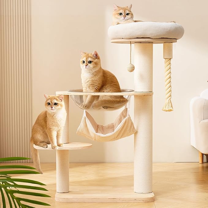 Modern Cat Tree Small Tower with Scratching Post for Indoor, Solid Wood Multifunctional Corner Cat Tree Tower with Bed