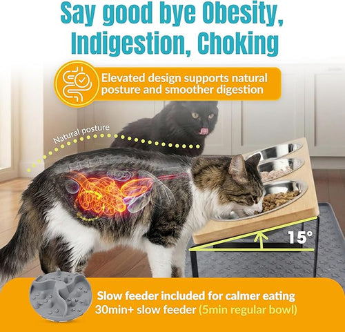 3 Bowl Cat Feeding Station-Cat Bowls Elevated-15° Tilted Cat Food Bowls-Raised Cat Bowls with Anti Slip Mat & Cat Slow Feeder Included–Anti-Vomiting Raised Slow Feeder Cat Bowl-Comedero para Gatos