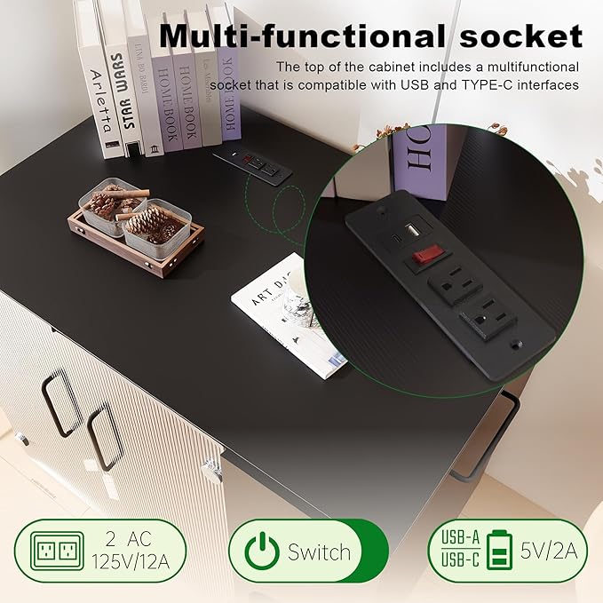 Cat Litter Box Enclosure - Dog Proof Cat Litter Box with Pull-Out, Rotating Features, Includes Power Outlet and Acrylic Wave-Patterned Door Panels with Lock,Elegant Black
