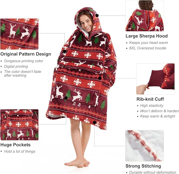 Narecte Cozy Oversized Blanket Hoodie Wearable Blanket Adults Soft Hooded Blanket Hoodie Birthday Gifts for Women Christmas