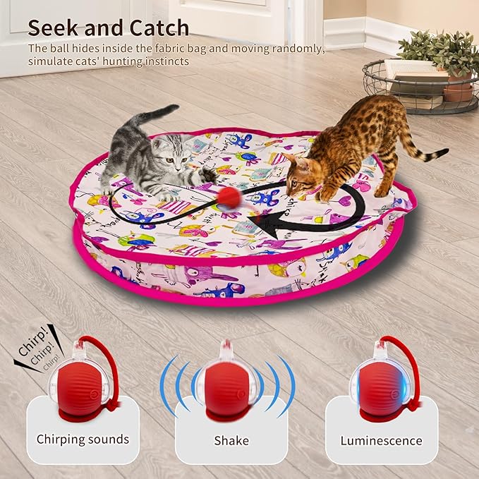 Interactive Cat Toy for Indoor Cat, Hide and Seek Cat Toy, Play Mat Toys with Self Rolling Ball in Pouch, Motion Activate&Buzzing, Rechargeable Pet Teaser Toy (Red)
