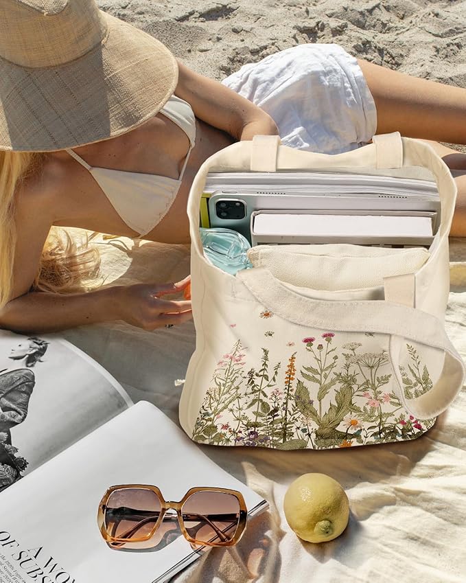 Miss Adola Aesthetic 2 Pack Canvas Tote Bag - with Makeup Zipper Pouch for Women Bag for Shopping, Gym, Travel, Vacation