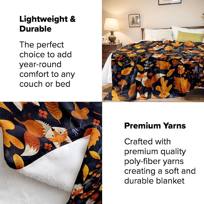 Autumn Fox Blanket Gifts - Fall Leaves and Fox Cozy Fleece Throw Blankets - Perfect for Autumn Decor, Nature Lovers, and Cozy Nights - 50x60 Inches