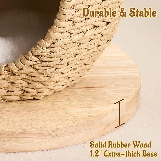 30" Modern Cat Tree Tower for Indoor Cats, Aesthetic Rattan Cat Furniture with Handwoven Wicker Cat Bed Cave, Ultra-Soft & Washable Cushions, Natural Sisal Scratching Post and Solid Wood Base