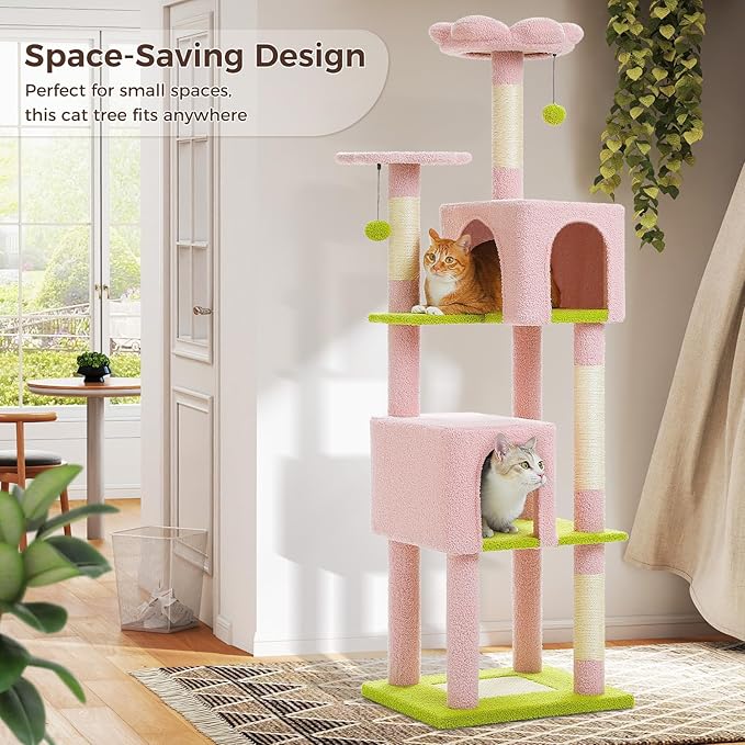 MUTTROS Flower Cat Tree, 62-Inch Large Cat Tower for Multi-Cat Households w/Scratching Posts, Multi-Level Cat Condo w/Cozy Top Perch & Scratching Pad, Padded Platform, 2 Pompoms, Pink