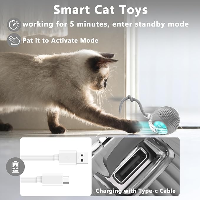 Interactive Cat Ball Toys,Indoor Moving Cat Toys, Automatic Rolling Toy with Cord, Interesting Rotating Ball Toy for Dogs and Cats (Gray)
