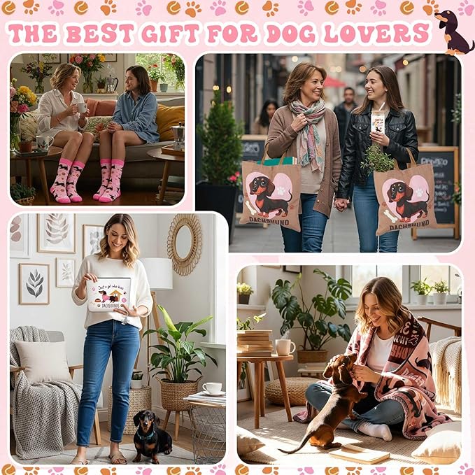 Paterr 6 Pcs Dachshund Lover Gifts for Women, Weiner Dog Gifts Canvas Tote Bag Makeup Bag Print Blanket Socks 16oz Glass Coffee Cup with Straw Cute Keychain for Mother's Day Birthday Girls Daughters
