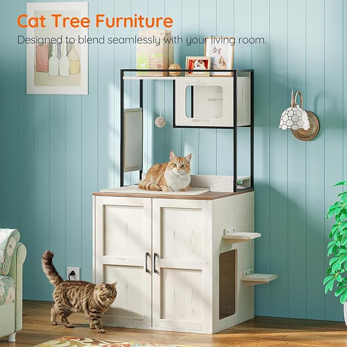 HOOBRO Cat Automatic Litter Box Enclosure Furniture, 30.5" L x 26.8" W x 61" H, Hidden Robotic Litter Box Cabinet, Dog-Proof Shelf with Charging Station, Scratching Mat, Bowls, White WH68UMZ03
