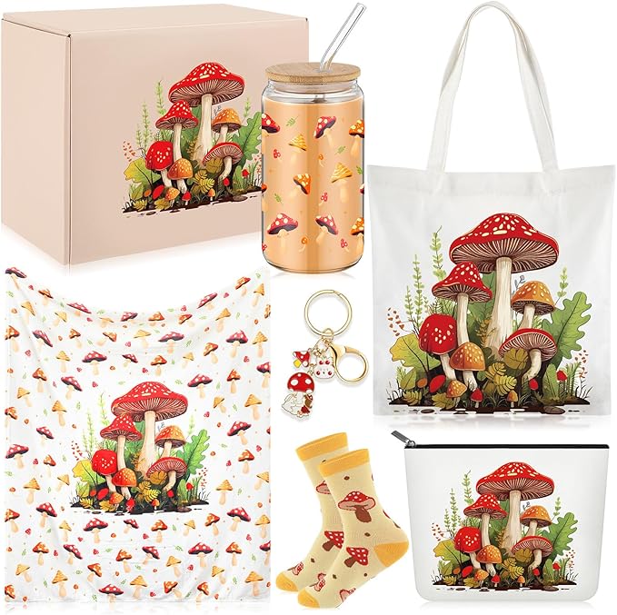 Paterr 6 Pcs Mushroom Themed Gifts for Women Christmas Canvas Tote Bag Makeup Bag Print Blanket Socks 16oz Glass Coffee Cup with Straw Cute Keychain for Christmas Birthday Girls Daughters Sister