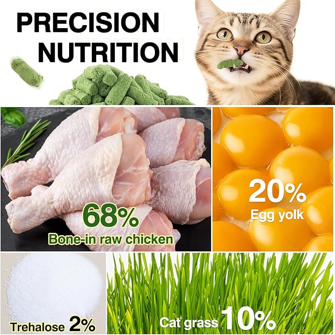 Freeze-Dried Raw Cat Treats for Dental Health & Hairball Control - Natural Chicken & Egg Yolk with Cat Grass - Lickable Snacks for Kittens & Adult Cats - Promotes Skin & Coat Care 3.24oz