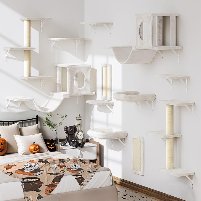 12-in-1 Cat Wall Shelves, Wall Mounted Cat Climber with Condo House, Scratching Post, Bridge Ladder, Space-Saving Indoor Play Furniture for Kittens, White