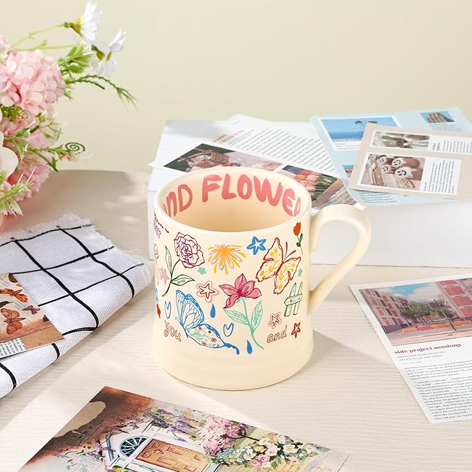 Flower Mug, Butterfly Gifts for Women, Funny Aesthetic Ceramic Cup for Cappuccino Espresso Tea Milk Juice, Cute Coffee Mug for Christmas Holiday Party, Dishwasher Safe