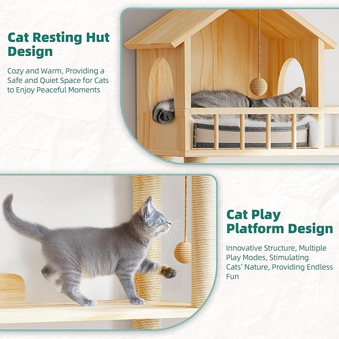 Wood Cat Tower for Automatic Litter Box, 60.2" H Tall Cat Tree for Self Cleaning Litter Box, Multi-Level Solid Wood Cat Tree Tower Cat Furniture w/Scratching Post, House, Burlywood