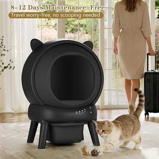Automatic Cat Litter Box, Self Cleaning Litter Box Smart Robot for Multiple Cats, APP Real-Time Monitor, Odor & Noise Control, Safe Anti-Pinch, Trash Bag Included, Black